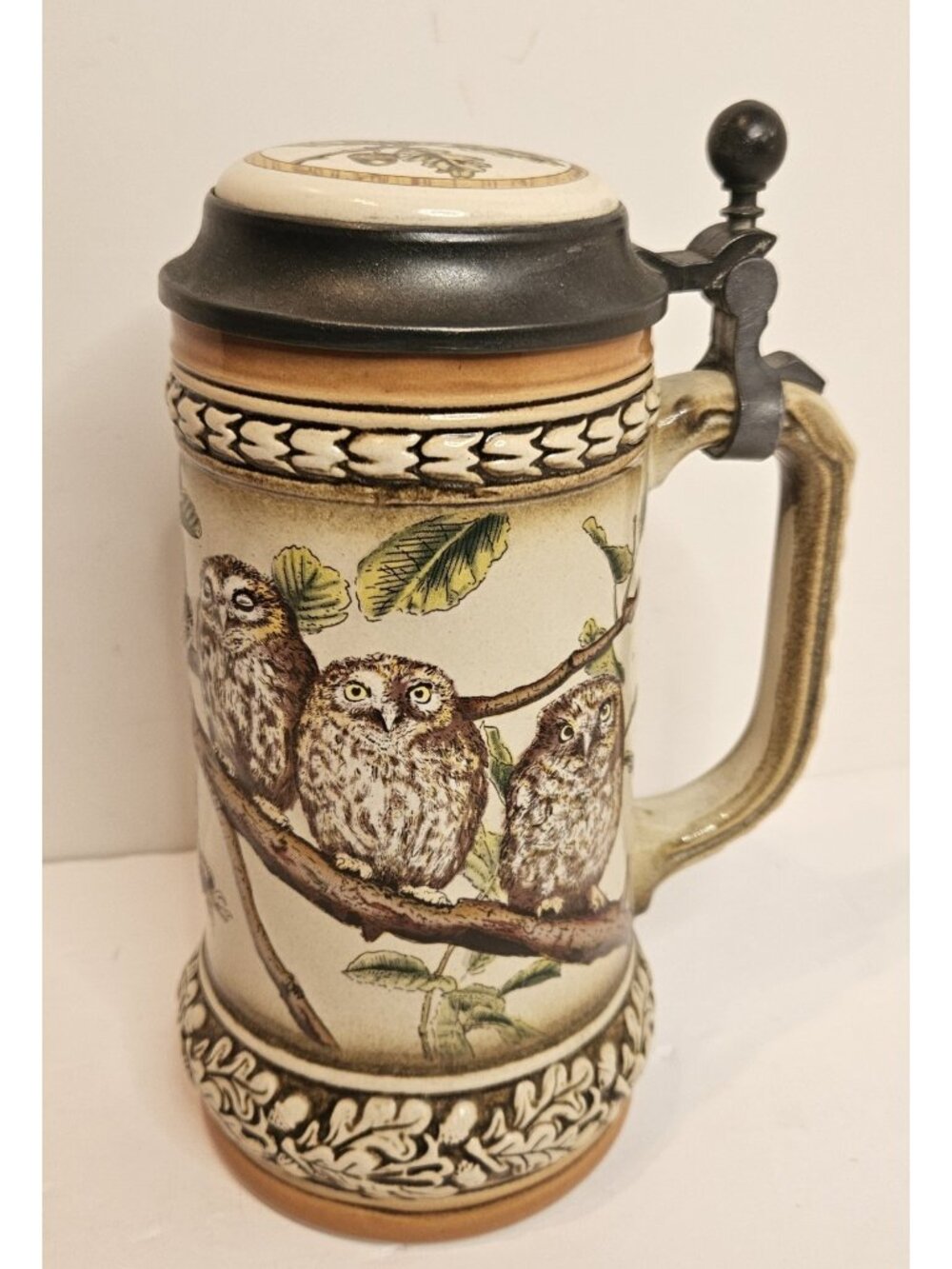 West Germany Gerz Beer Stein 3D Embossed Owls With Pewter Hinged Lid